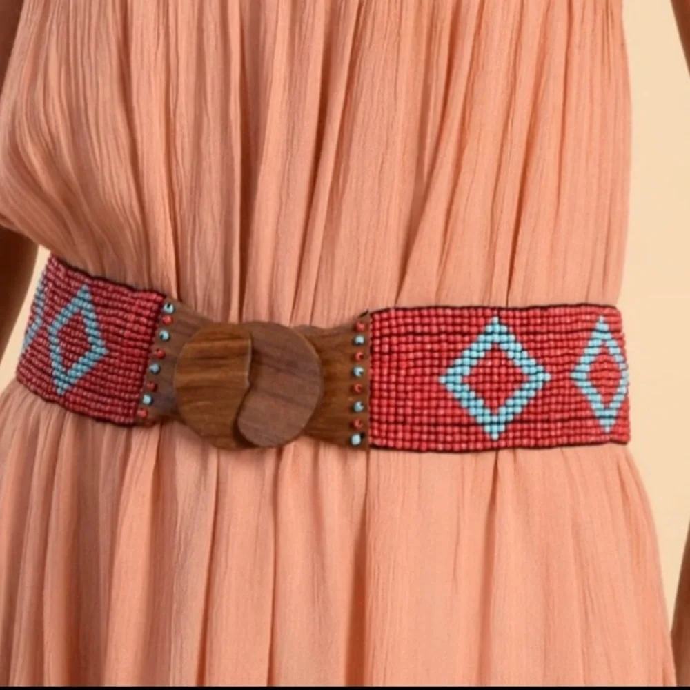 LC Women Handcrafted Orange Seed Beaded Stretch Belt with Wooden Buckle